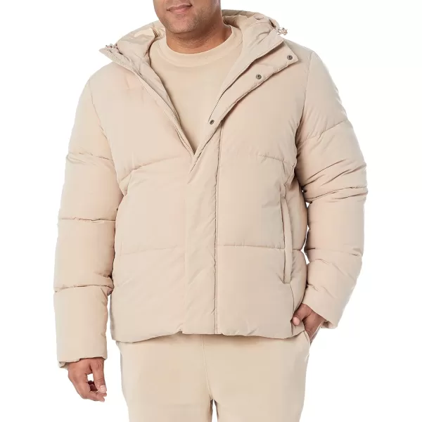 Amazon Essentials Mens Recycled Polyester MidLength Hooded Puffer Available in Big ampamp TallTan