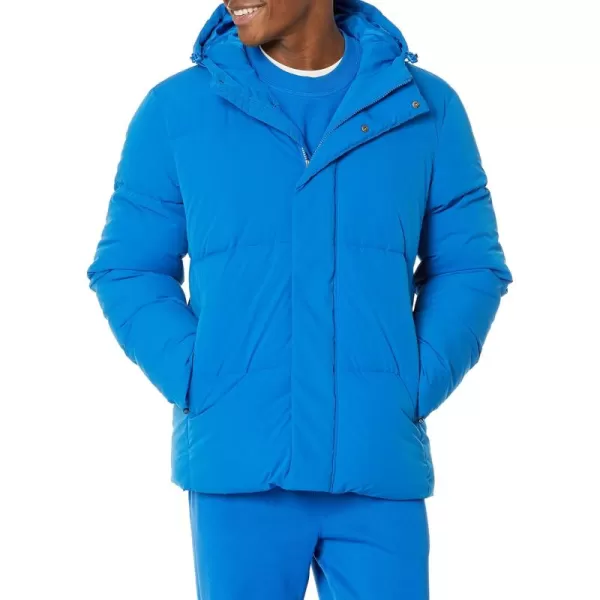 Amazon Essentials Mens Recycled Polyester MidLength Hooded Puffer Available in Big ampamp TallBright Blue