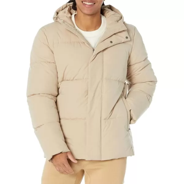 Amazon Essentials Mens Recycled Polyester MidLength Hooded Puffer Available in Big ampamp TallTan