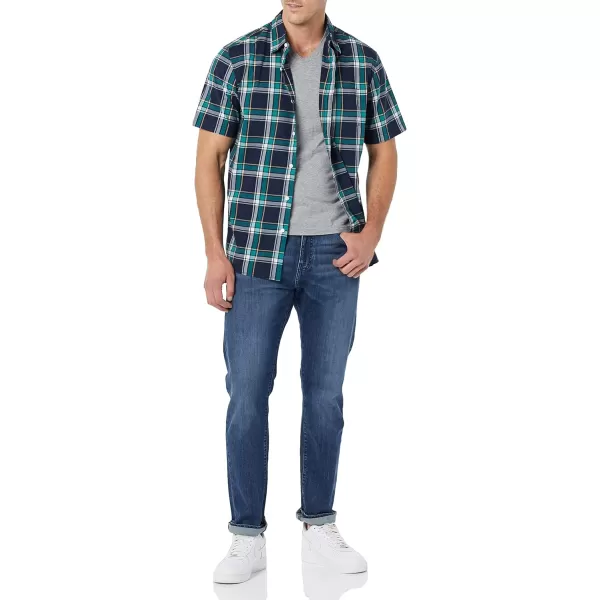 imageAmazon Essentials Mens ShortSleeve Stretch Poplin Shirt Available in Big ampamp TallGreen Navy Medium Plaid