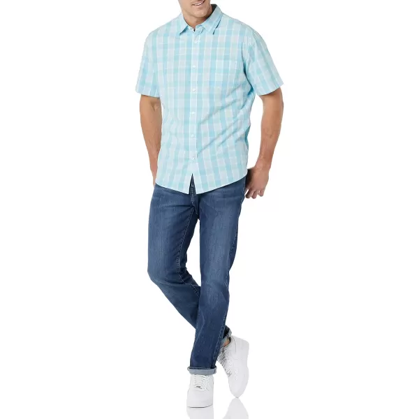 imageAmazon Essentials Mens ShortSleeve Stretch Poplin Shirt Available in Big ampamp TallLight Blue White Medium Plaid