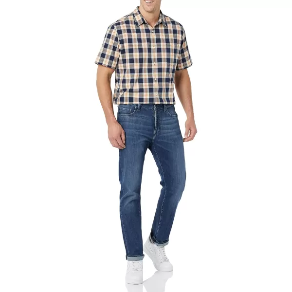 imageAmazon Essentials Mens ShortSleeve Stretch Poplin Shirt Available in Big ampamp TallNavy Peach Plaid