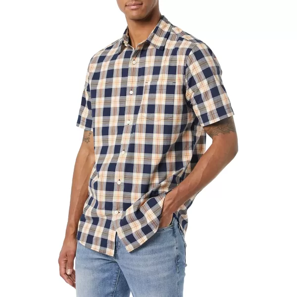 imageAmazon Essentials Mens ShortSleeve Stretch Poplin Shirt Available in Big ampamp TallNavy Peach Plaid