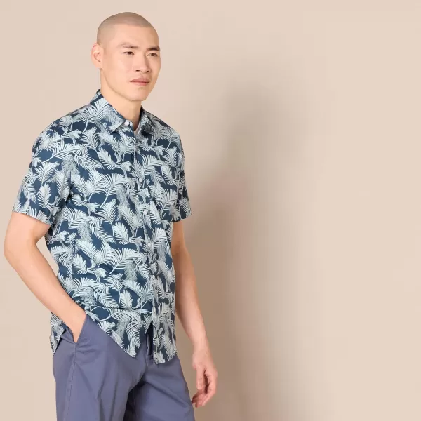 imageAmazon Essentials Mens SlimFit ShortSleeve ButtonDown Print ShirtAqua Blue Navy Palm Leaf