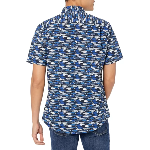 imageAmazon Essentials Mens SlimFit ShortSleeve ButtonDown Print ShirtBlue Fish