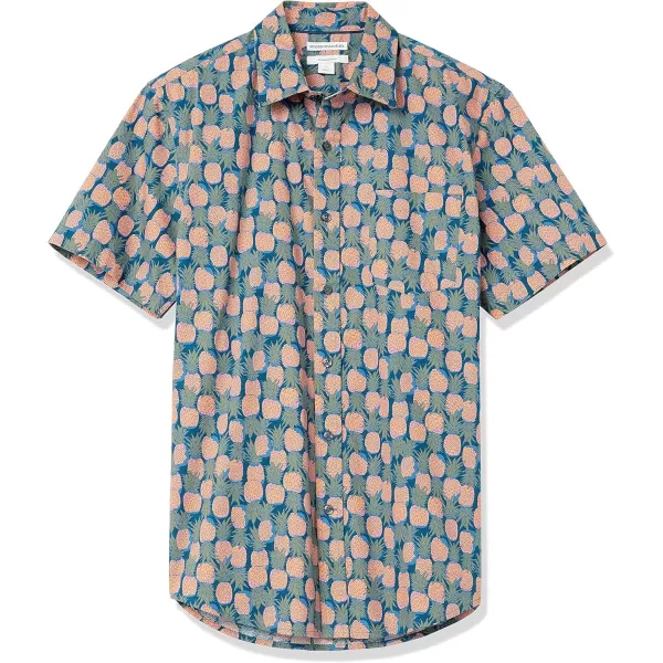 imageAmazon Essentials Mens SlimFit ShortSleeve ButtonDown Print ShirtDark Blue Pale Peach Pineapple