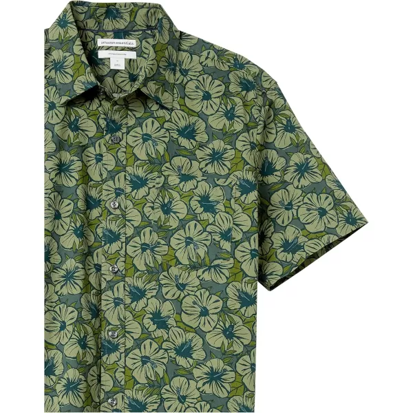 imageAmazon Essentials Mens SlimFit ShortSleeve ButtonDown Print ShirtOlive Hibiscus Flower