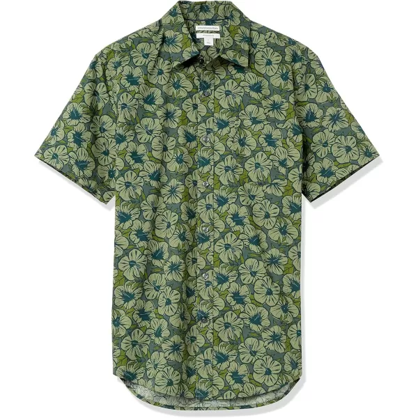 imageAmazon Essentials Mens SlimFit ShortSleeve ButtonDown Print ShirtOlive Hibiscus Flower