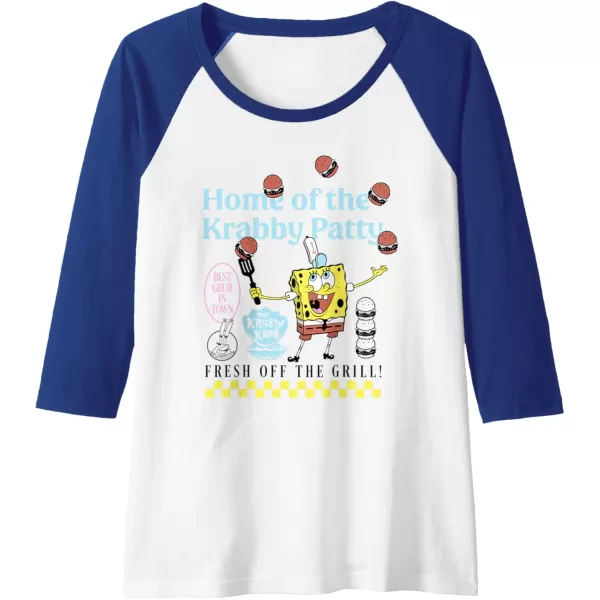 imageAmazon Essentials SpongeBob SquarePants Home of the Krabby Patty Raglan Baseball TeeRoyal BlueWhite