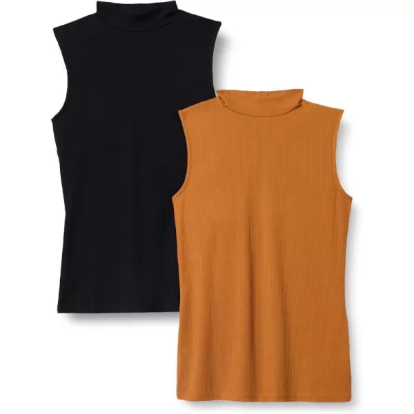 imageAmazon Essentials Womens MockNeck SlimFit RibKnit Sleeveless Top Pack of 2BlackCaramel