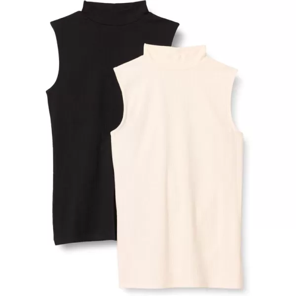 imageAmazon Essentials Womens MockNeck SlimFit RibKnit Sleeveless Top Pack of 2BlackEggshell White