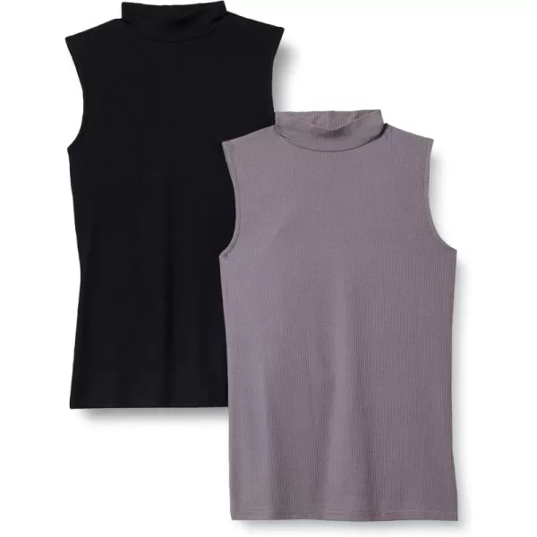 imageAmazon Essentials Womens MockNeck SlimFit RibKnit Sleeveless Top Pack of 2GreyBlack