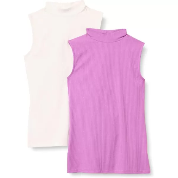 imageAmazon Essentials Womens MockNeck SlimFit RibKnit Sleeveless Top Pack of 2PurpleWhite