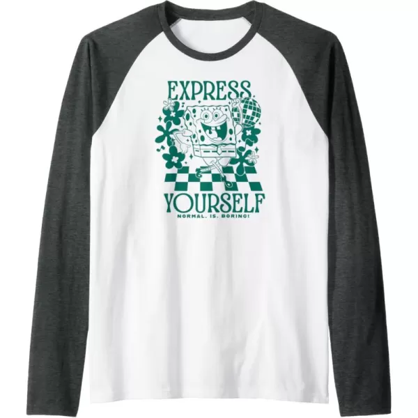 imageAmazon Essentials SpongeBob SquarePants Dancing Express Yourself Raglan Baseball TeeDark Heather GreyWhite