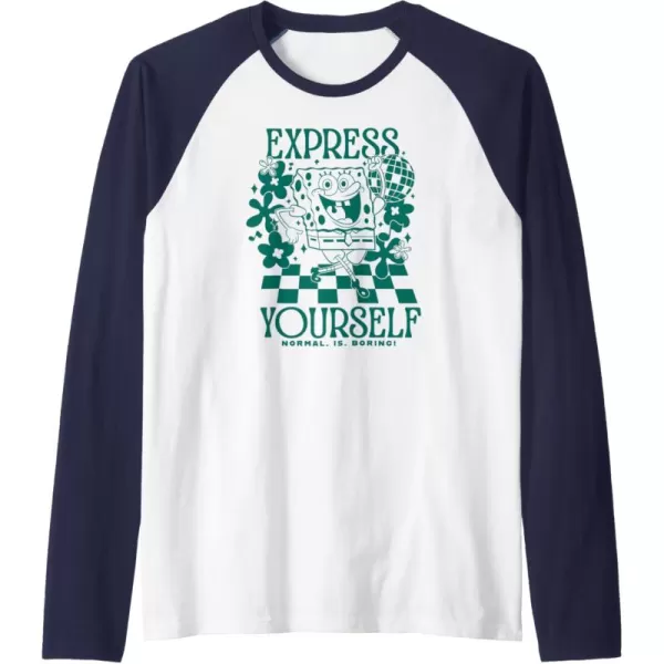 imageAmazon Essentials SpongeBob SquarePants Dancing Express Yourself Raglan Baseball TeeNavy BlueWhite