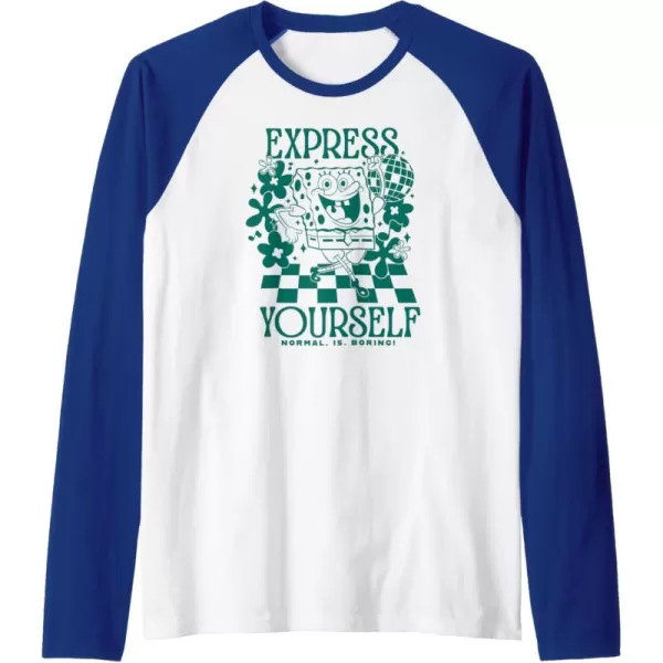 imageAmazon Essentials SpongeBob SquarePants Dancing Express Yourself Raglan Baseball TeeRoyal BlueWhite