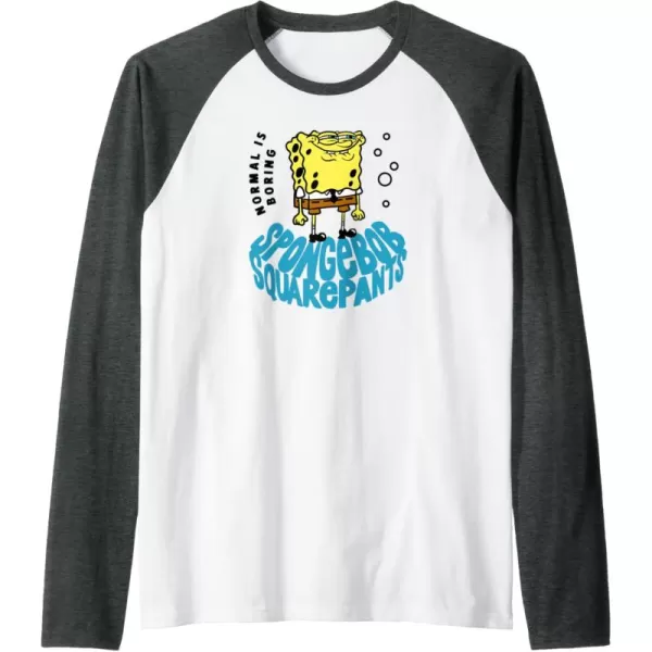 imageAmazon Essentials SpongeBob SquarePants Normal is Boring Smile Raglan Baseball TeeDark Heather GreyWhite