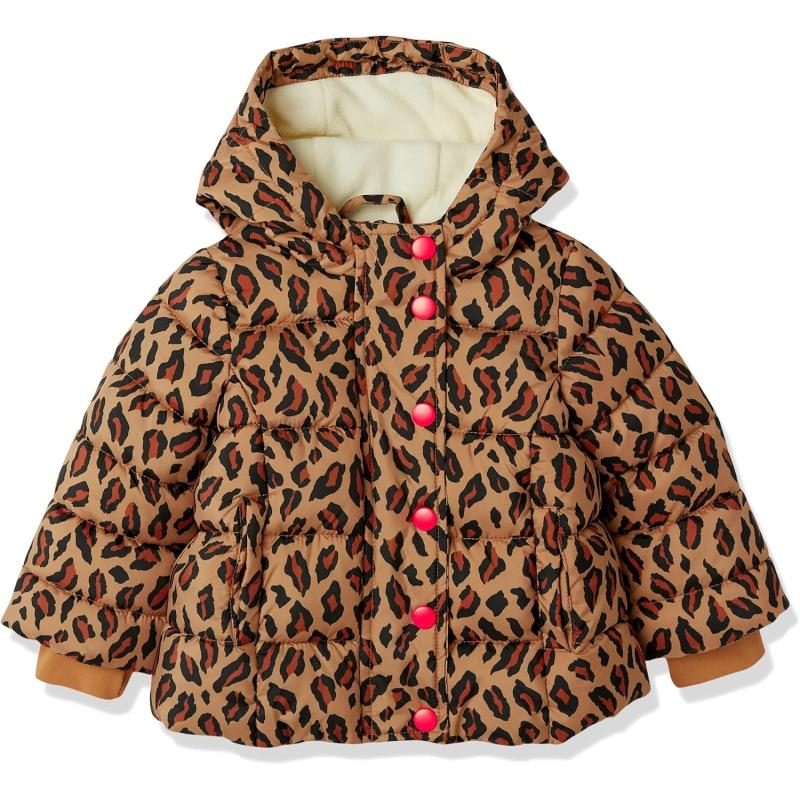 imageAmazon Essentials Girls and Toddlers Heavyweight Hooded Puffer JacketCamel Cheetah Print