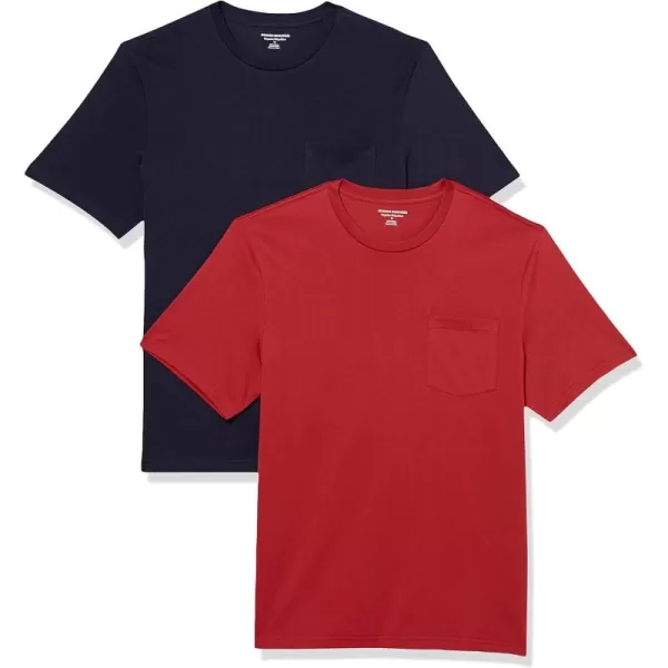 imageAmazon Essentials Mens TShirt RegularFit ShortSleeve Crewneck Pocket Pack of 2Dark RedNavy