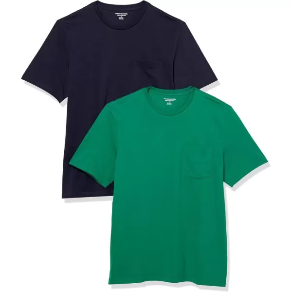 imageAmazon Essentials Mens TShirt RegularFit ShortSleeve Crewneck Pocket Pack of 2GreenNavy