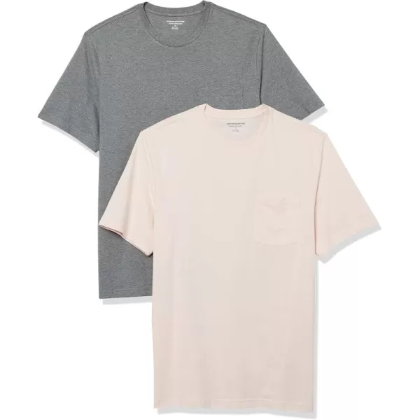 imageAmazon Essentials Mens TShirt RegularFit ShortSleeve Crewneck Pocket Pack of 2Grey HeatherPale Pink