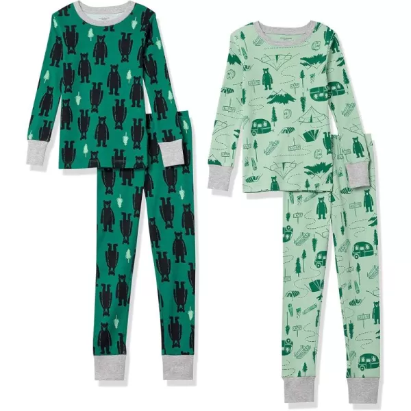 imageAmazon Essentials Unisex Kids SnugFit Cotton Pajama Sleepwear SetsBottle Green Polar BearMint Green Happy Camper