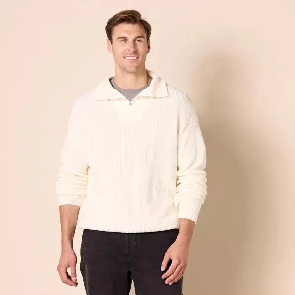 imageAmazon Essentials Mens QuarterZip RibKnit RelaxedFit SweaterEggshell White
