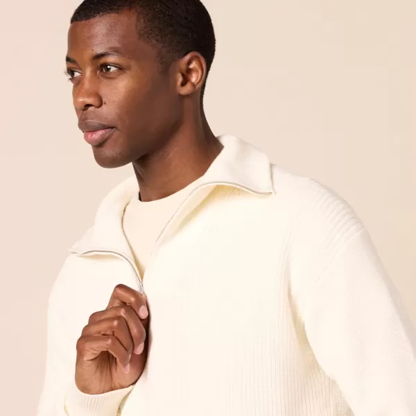 imageAmazon Essentials Mens QuarterZip RibKnit RelaxedFit SweaterEggshell White