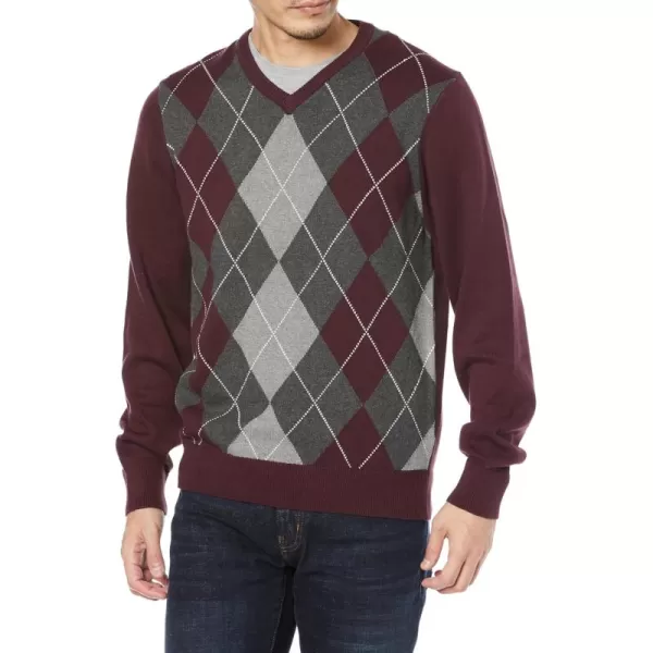 imageAmazon Essentials Mens VNeck Sweater Available in Big ampamp TallBurgundy Argyle