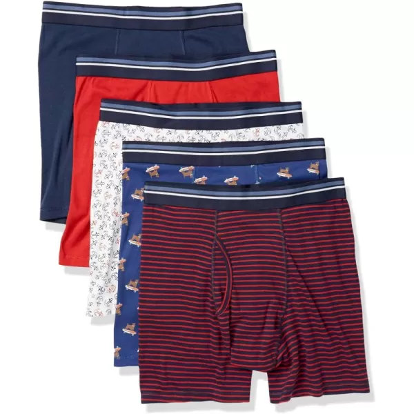 imageAmazon Essentials Mens Comfortable Cotton TagFree Boxer Brief Pack of 5AnchorDog PrintMini Stripe