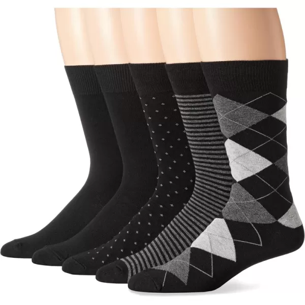 imageAmazon Essentials Mens Comfortable Patterned Dress Socks 5 PairsBlackDotsPlaidStripe