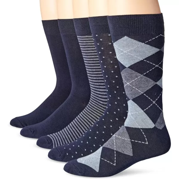 imageAmazon Essentials Mens Comfortable Patterned Dress Socks 5 PairsNavy Novelty