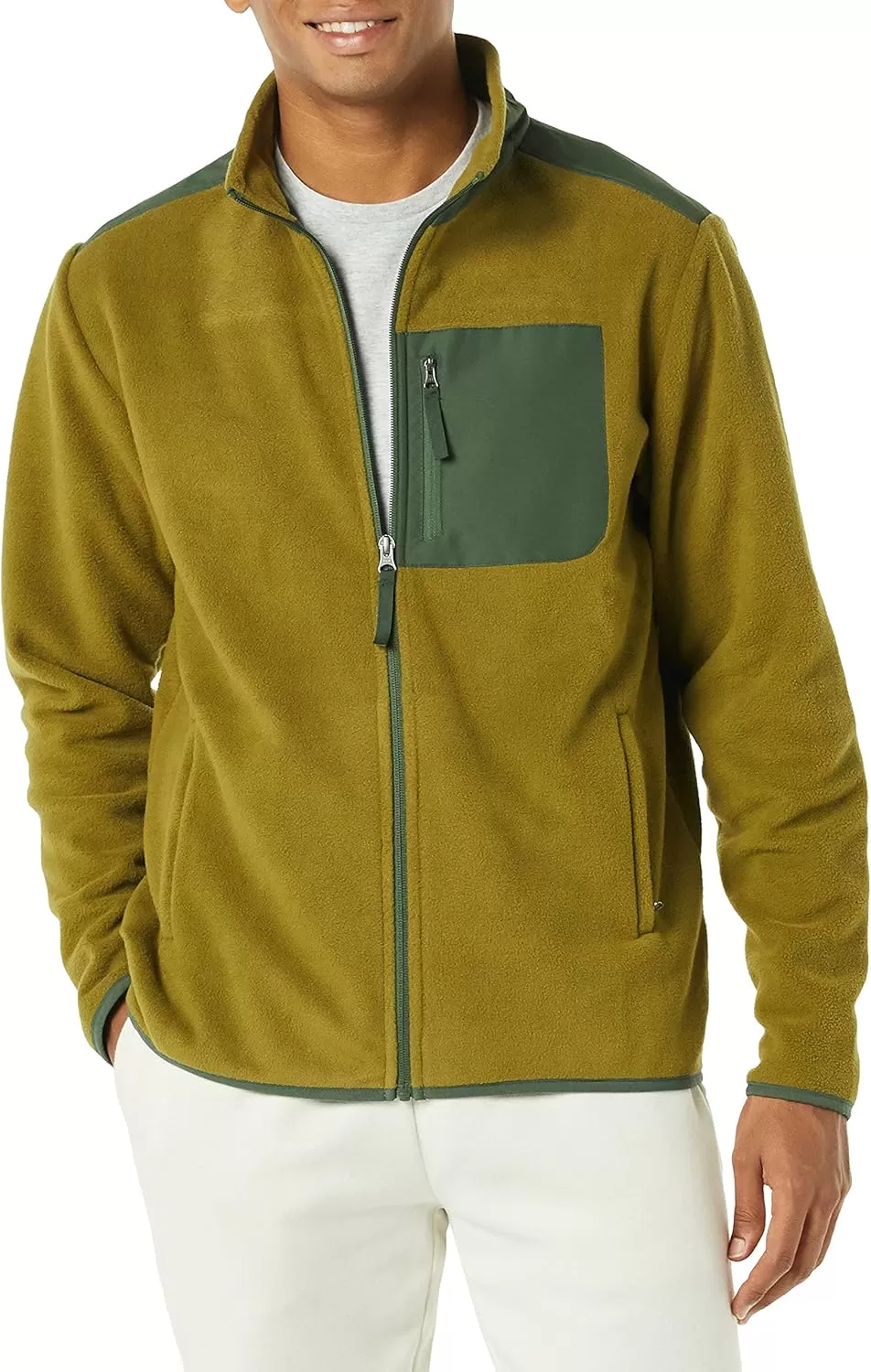imageAmazon Essentials Mens FullZip Fleece Jacket Available in Big ampamp TallGolden Olive Green Color Block