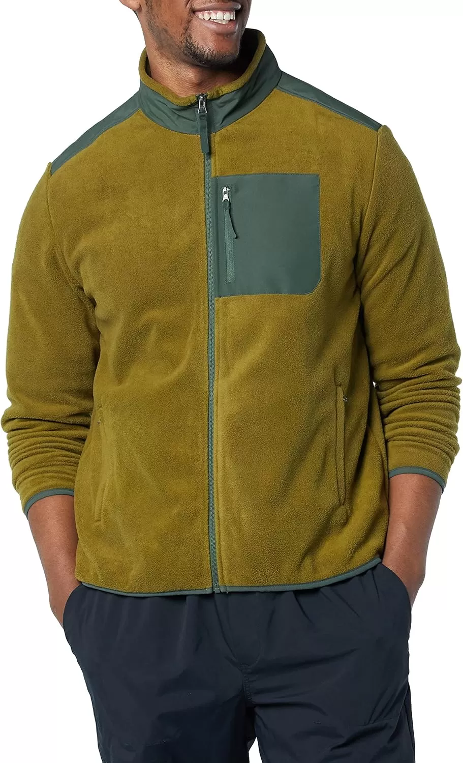 imageAmazon Essentials Mens FullZip Fleece Jacket Available in Big ampamp TallGolden Olive Green Color Block
