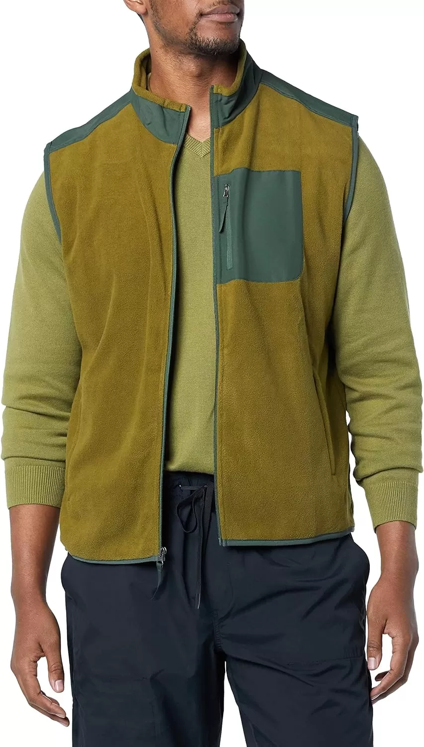 imageAmazon Essentials Mens FullZip Polar Fleece Vest Available in Big ampamp TallGolden Olive Green Color Block