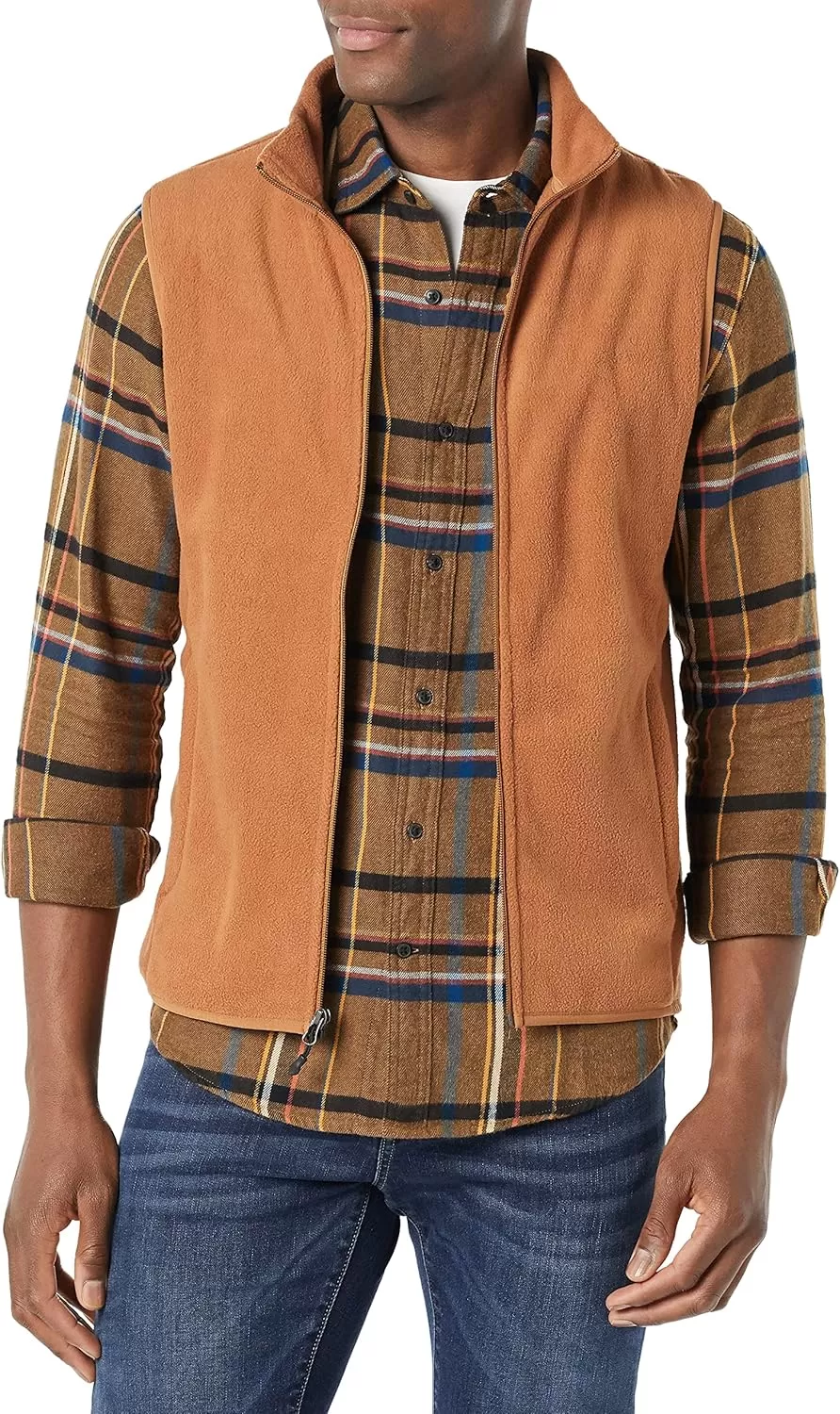 imageAmazon Essentials Mens FullZip Polar Fleece Vest Available in Big ampamp TallToffee Brown