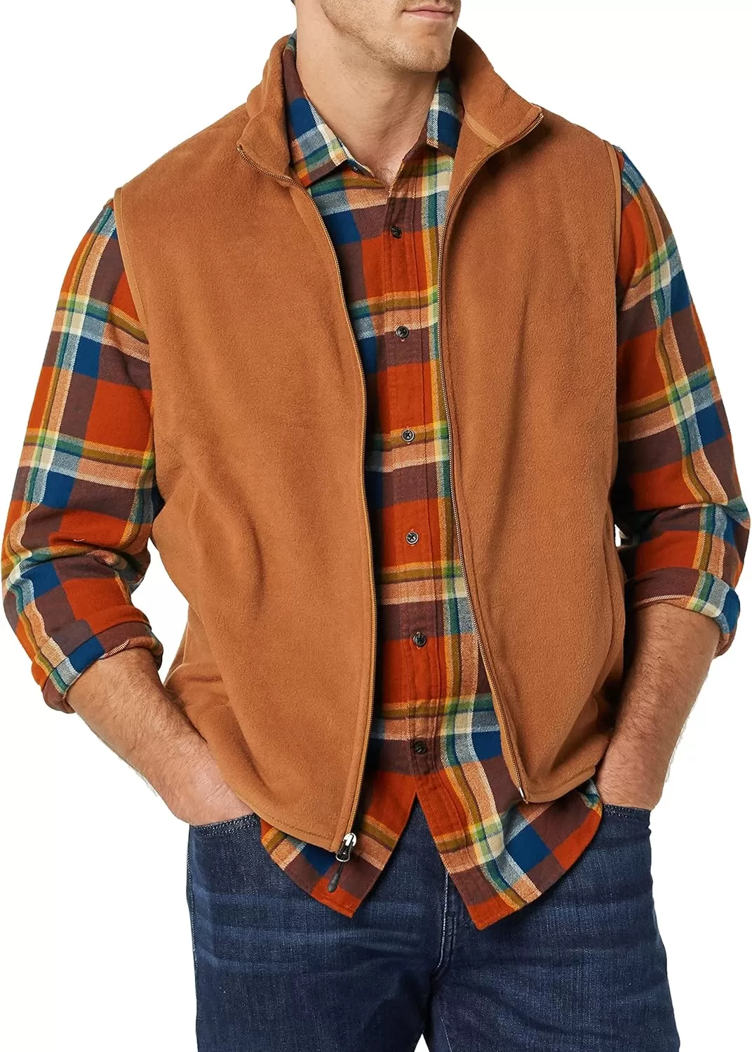 imageAmazon Essentials Mens FullZip Polar Fleece Vest Available in Big ampamp TallToffee Brown
