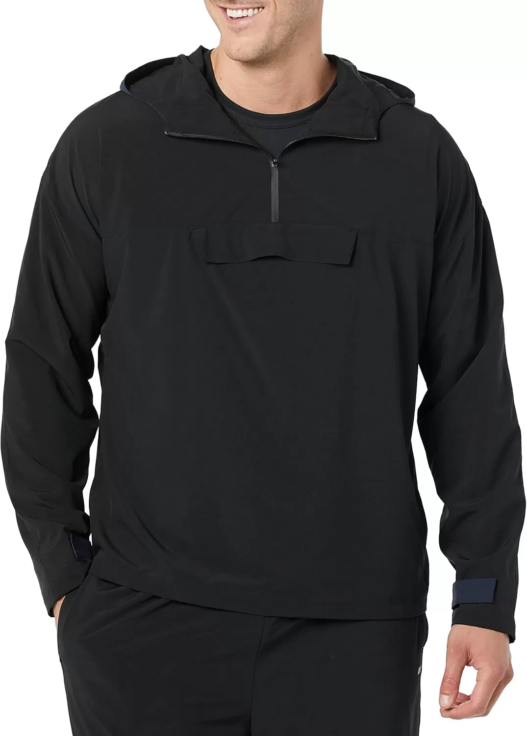 imageAmazon Essentials Mens Stretch Woven Quarter Zip Hooded Colorblock JacketBlack