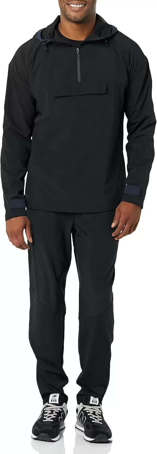imageAmazon Essentials Mens Stretch Woven Quarter Zip Hooded Colorblock JacketBlack