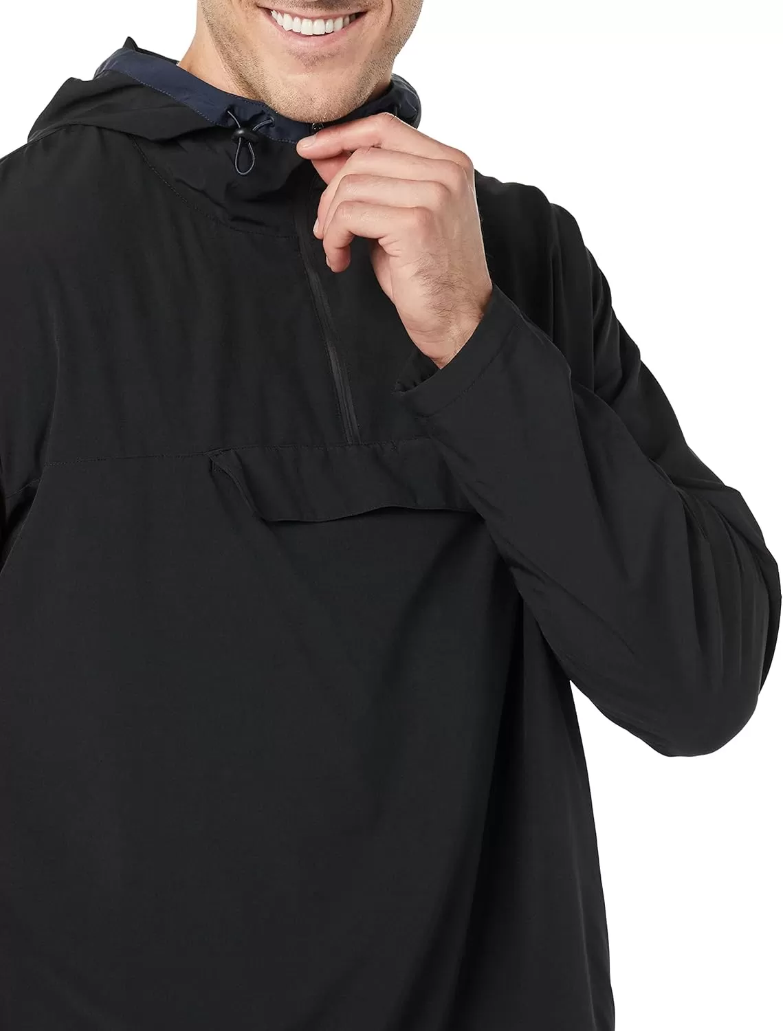 imageAmazon Essentials Mens Stretch Woven Quarter Zip Hooded Colorblock JacketBlack