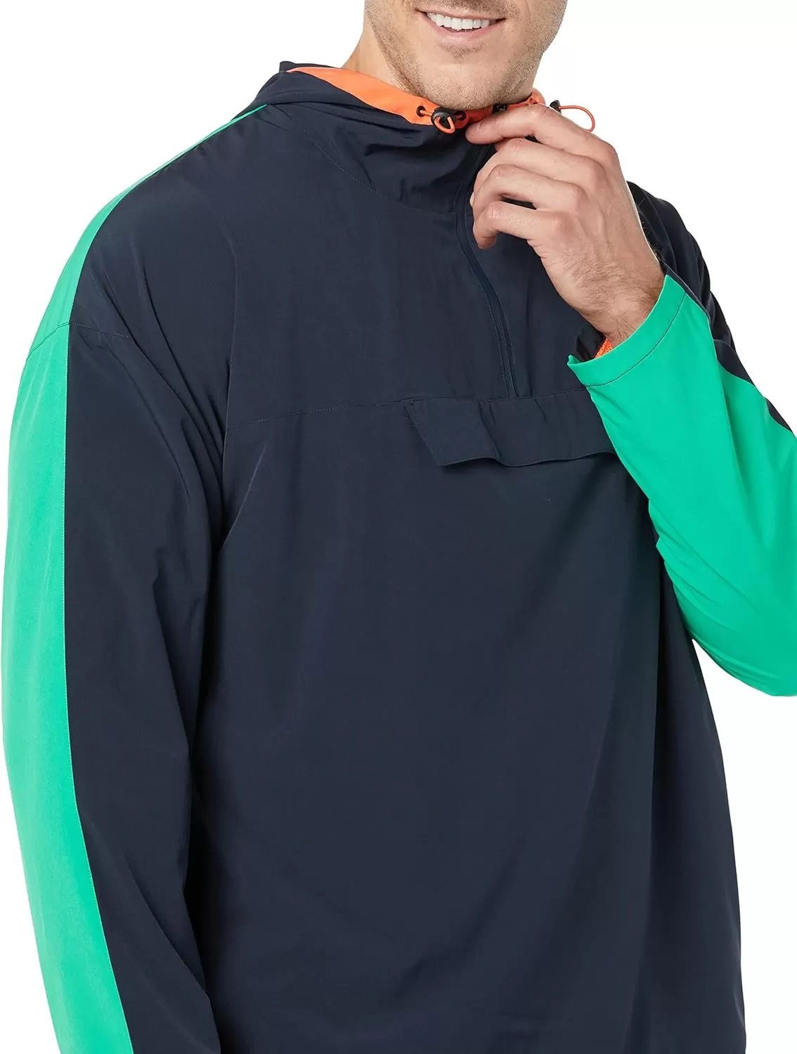 imageAmazon Essentials Mens Stretch Woven Quarter Zip Hooded Colorblock JacketDark NavyGreen