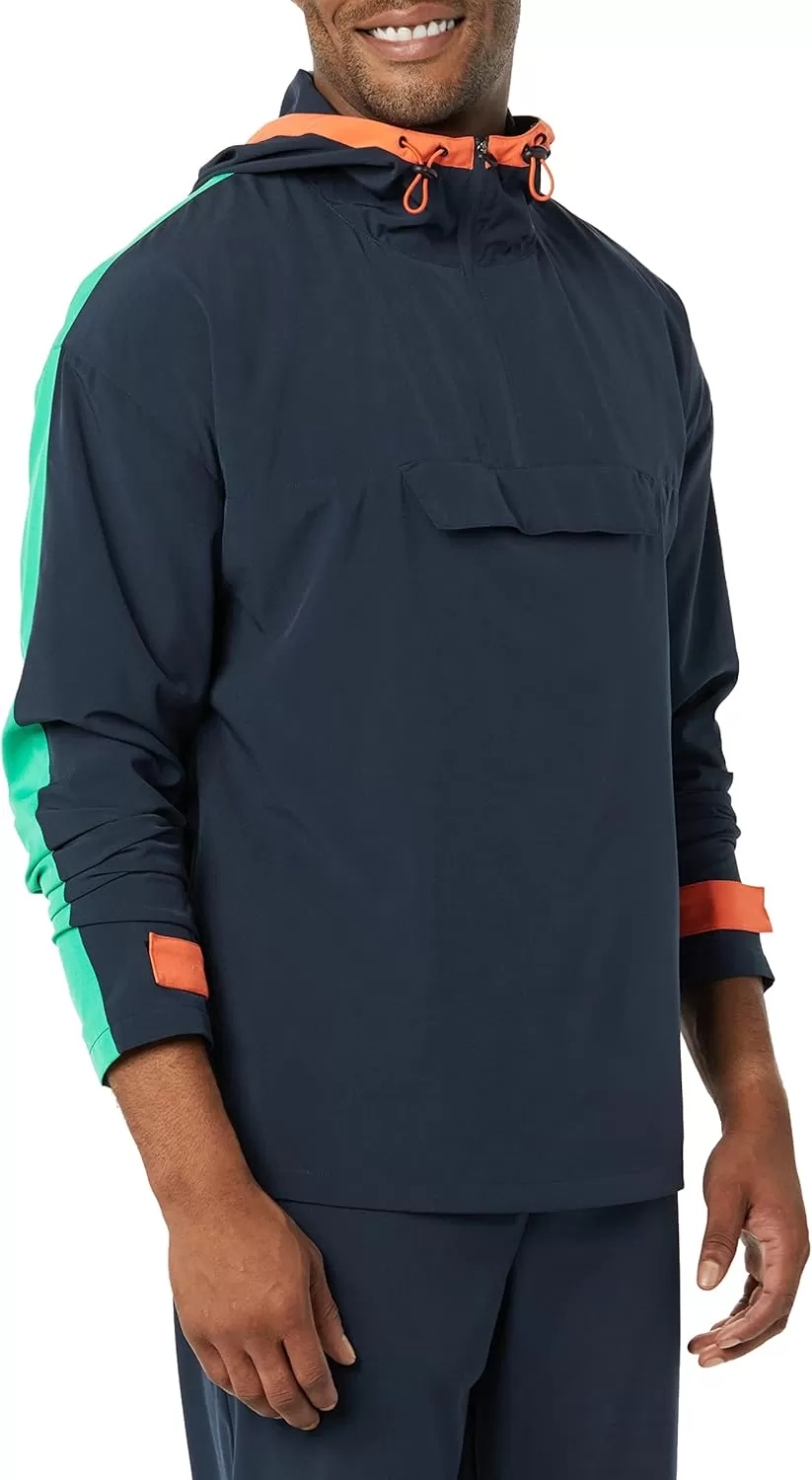 imageAmazon Essentials Mens Stretch Woven Quarter Zip Hooded Colorblock JacketDark NavyGreen