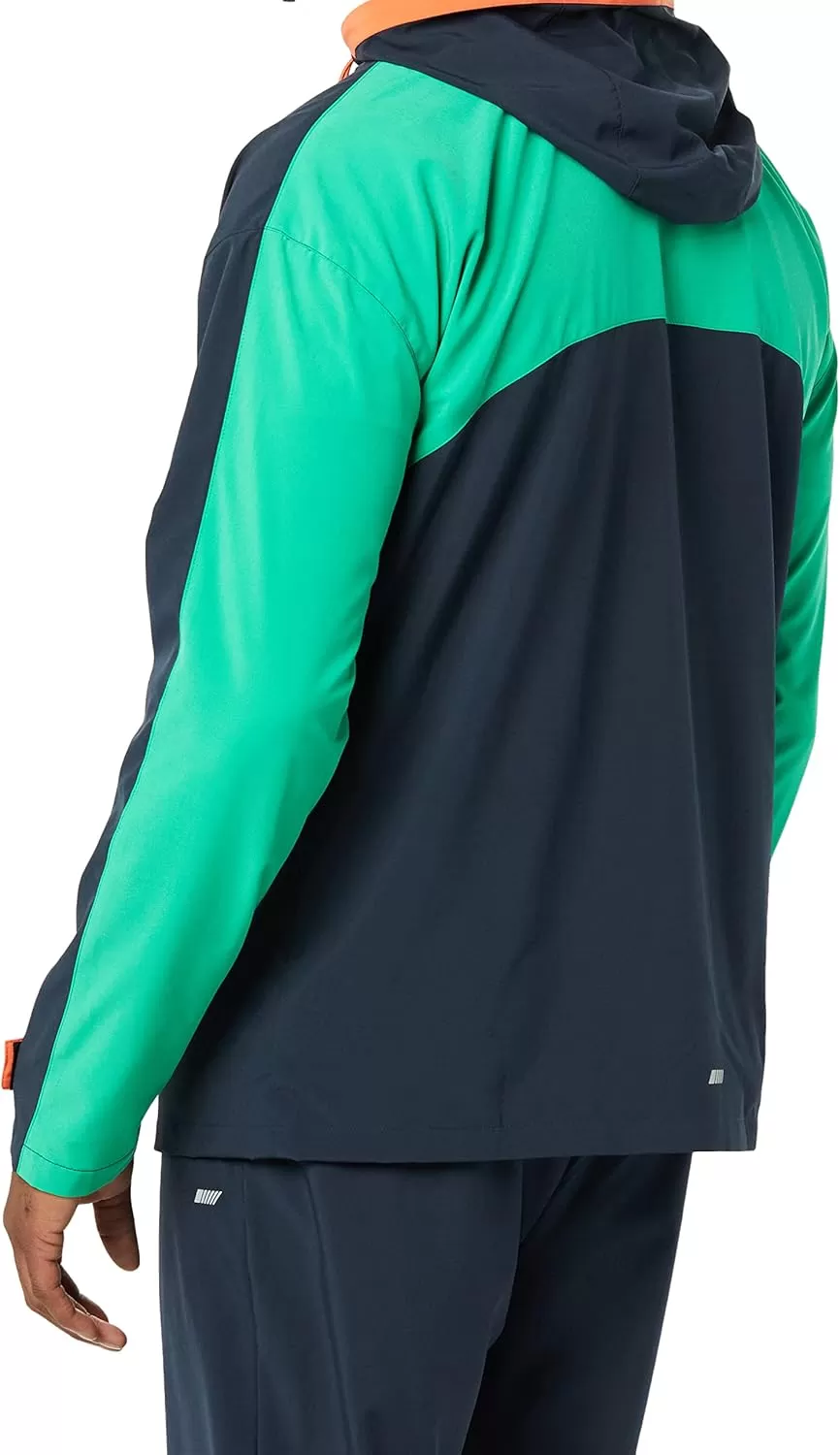imageAmazon Essentials Mens Stretch Woven Quarter Zip Hooded Colorblock JacketDark NavyGreen
