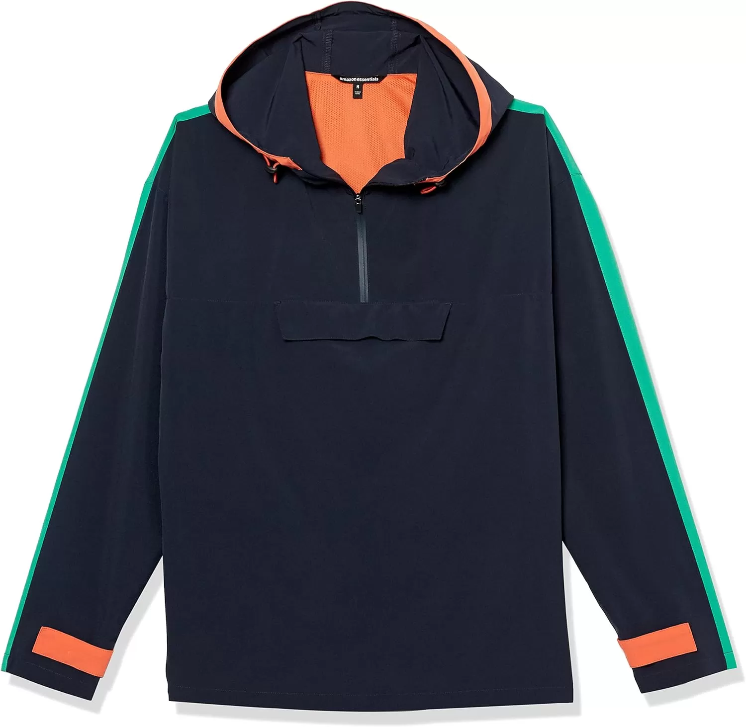 imageAmazon Essentials Mens Stretch Woven Quarter Zip Hooded Colorblock JacketDark NavyGreen