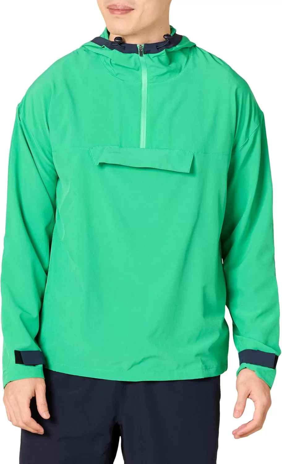 imageAmazon Essentials Mens Stretch Woven Quarter Zip Hooded Colorblock JacketGreen
