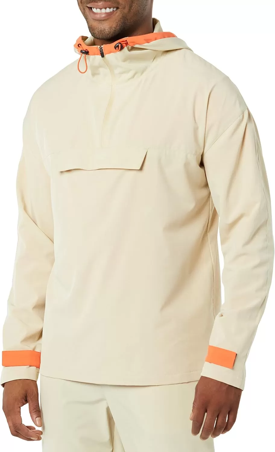 imageAmazon Essentials Mens Stretch Woven Quarter Zip Hooded Colorblock JacketStone