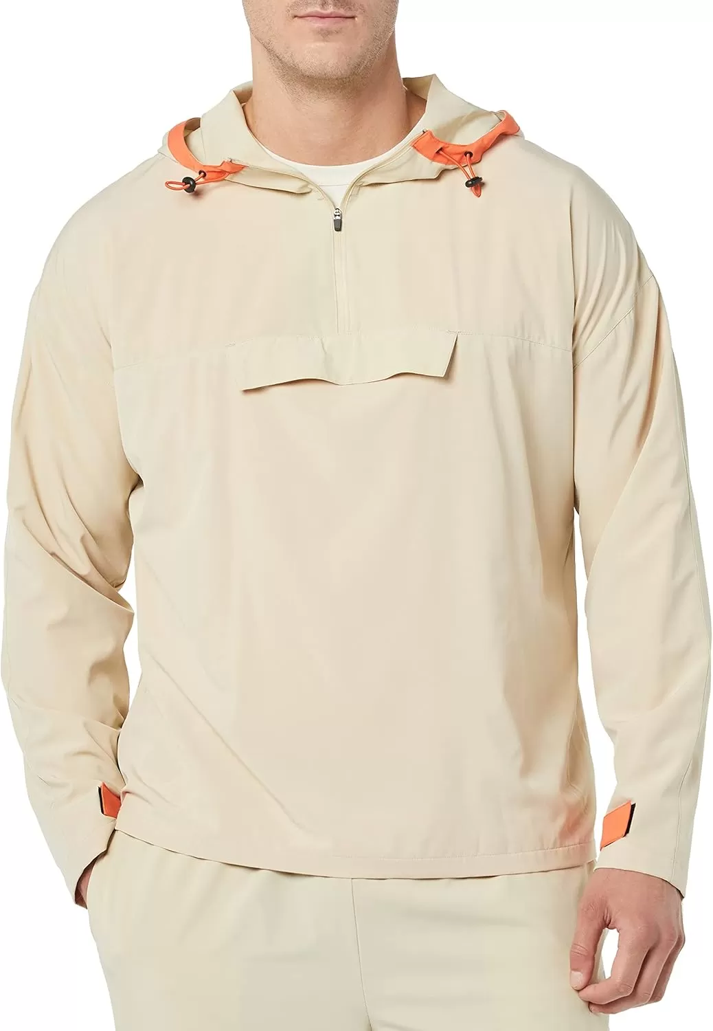 imageAmazon Essentials Mens Stretch Woven Quarter Zip Hooded Colorblock JacketStone