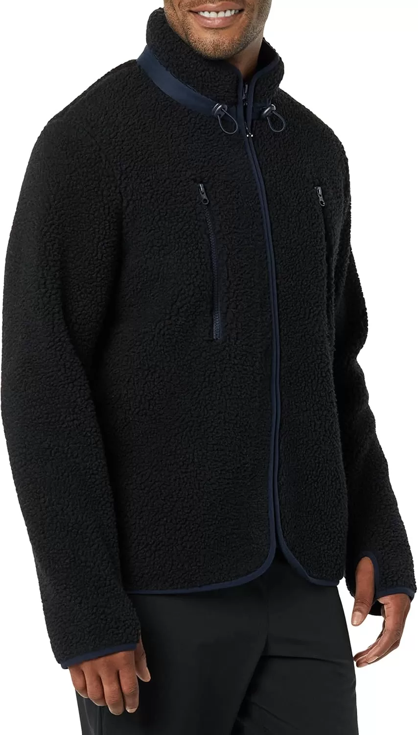 imageAmazon Essentials Mens Teddy Fleece FullZip Mock Neck Jacket with Chest PocketsBlack