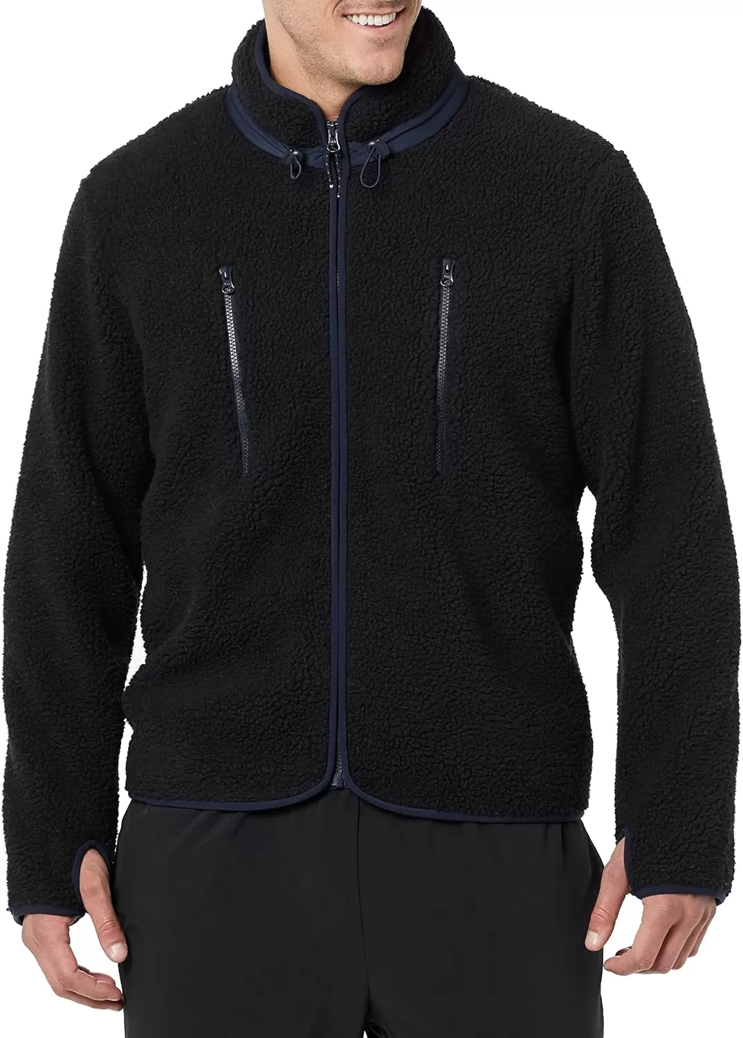 imageAmazon Essentials Mens Teddy Fleece FullZip Mock Neck Jacket with Chest PocketsBlack