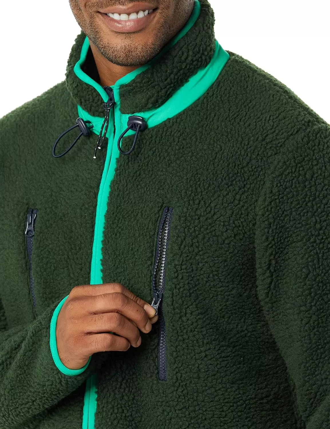 imageAmazon Essentials Mens Teddy Fleece FullZip Mock Neck Jacket with Chest PocketsDark Green
